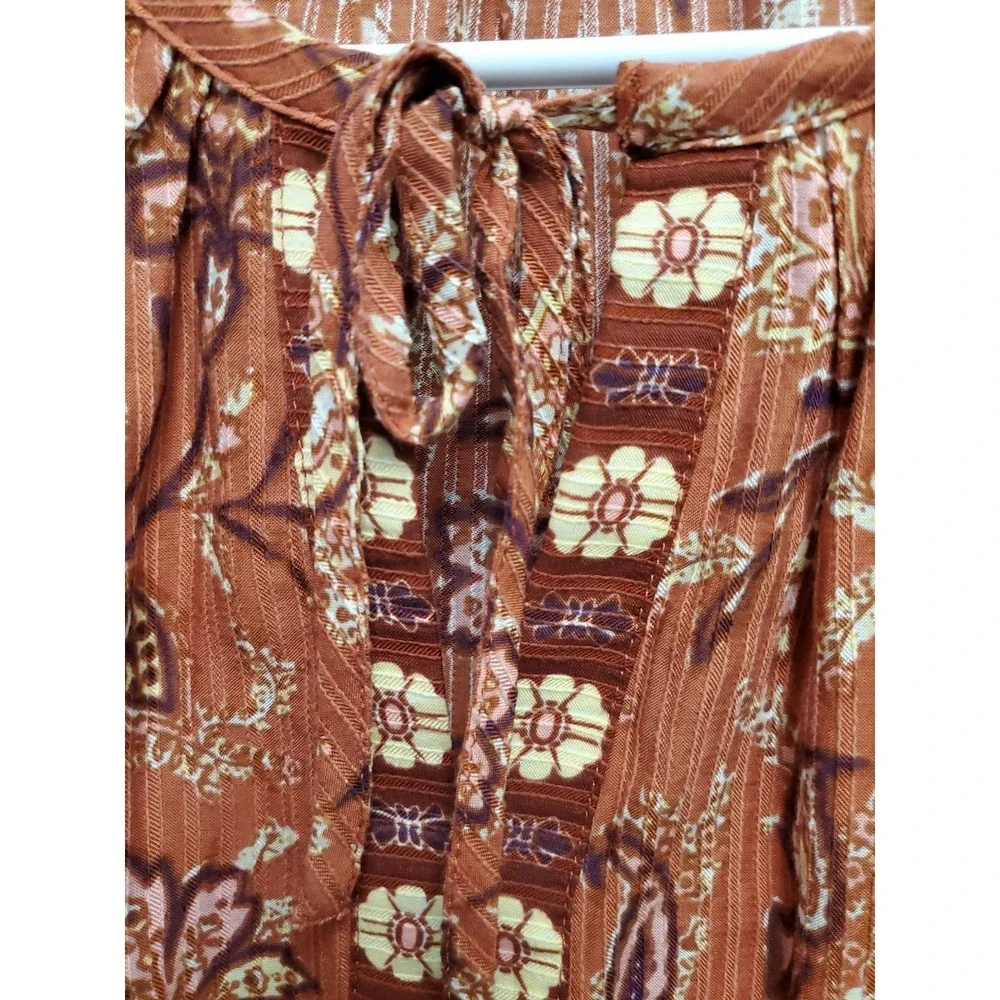 LOFT Women's‎ LS Floral Rust/Burnt orange tie neck top shirt Small Petite Ruffle